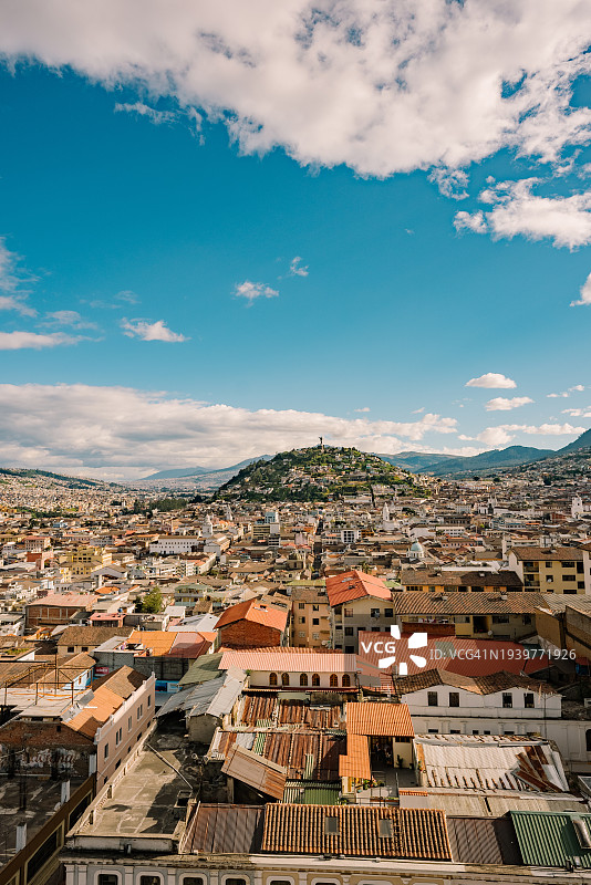 从国家誓言罗勒圣殿上方俯瞰基多（厄瓜多尔）历史区/老城区图片素材
