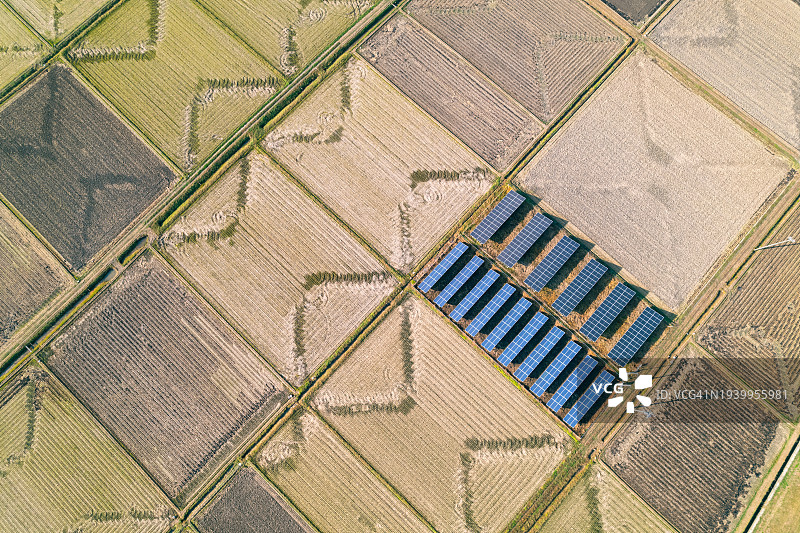 农业农场中用于清洁能源发电的太阳能电池板航拍图，稻田的几何形状，环境保护，清洁能源图片素材