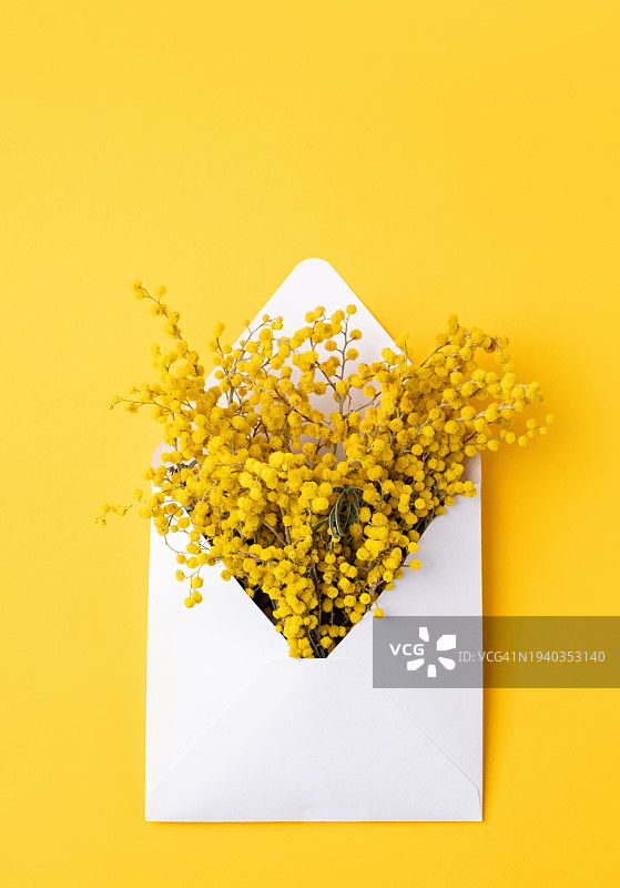 俯视黄色背景上的黄色花朵和信封图片素材