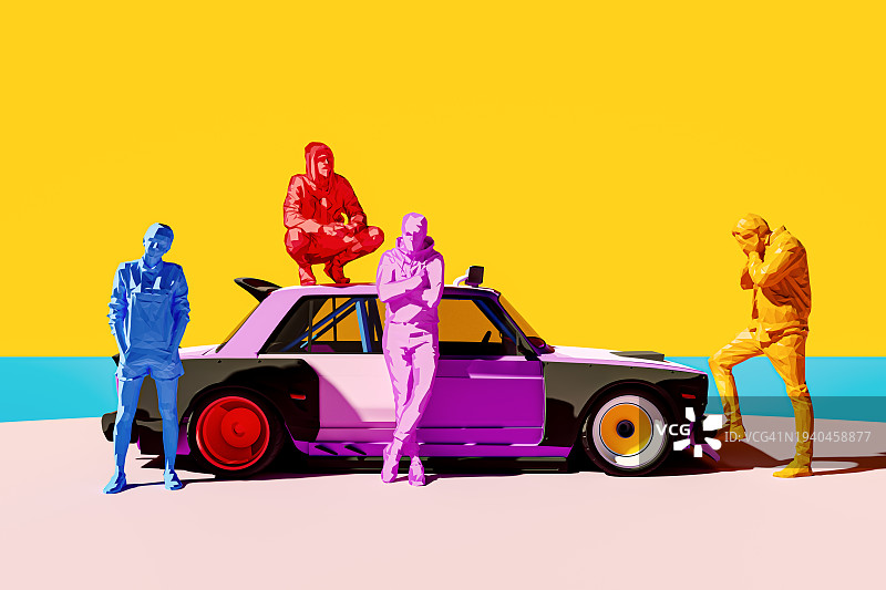 身穿运动服蹲着的斯拉夫人和改装过的东欧老爷车模型图片素材