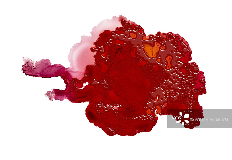 红色液体滴在白色画布上，带有浮雕和小气泡图片素材