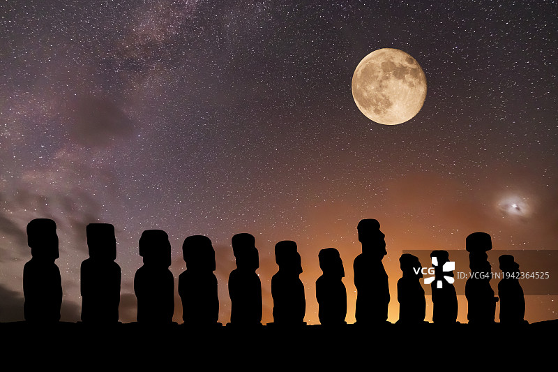 星空月夜下的拉诺拉拉库摩艾石像，智利复活节岛图片素材