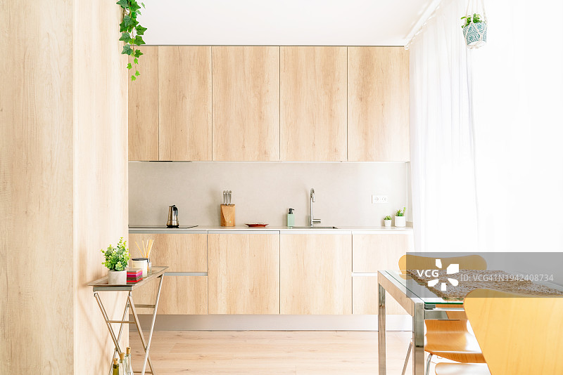 带木制家具的公寓全景图片素材