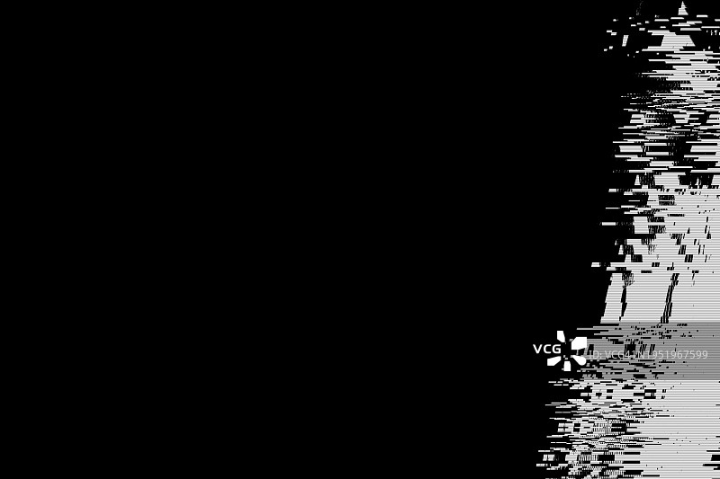 黑白故障效果背景，抽象Grunge噪声边框叠加效果，视频损坏错误，数字信号失真可视化，随机白线和形状，电视技术问题图片素材