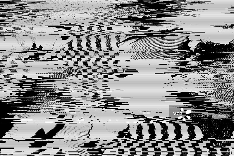 黑白故障效果背景，抽象Grunge噪声边框叠加效果，视频损坏错误，数字信号失真可视化，随机白线和形状，电视技术问题图片素材