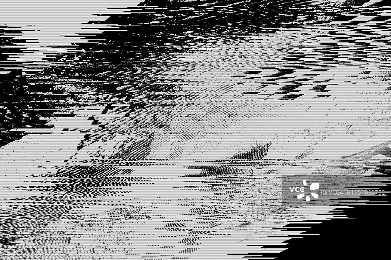 黑白故障效果背景，抽象Grunge噪声边框叠加效果，视频损坏错误，数字信号失真可视化，随机白线和形状，电视技术问题图片素材