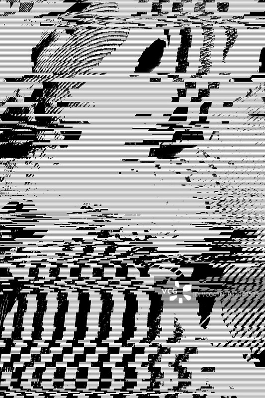 黑白故障效果背景，抽象Grunge噪声边框叠加效果，视频损坏错误，数字信号失真可视化，随机白线和形状，电视技术问题图片素材