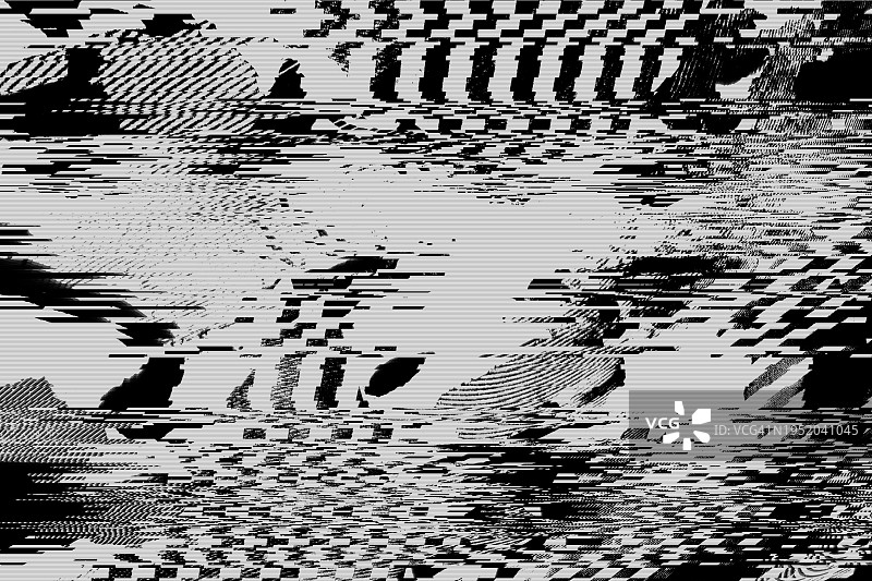 黑白故障效果背景，抽象Grunge噪声边框叠加效果，视频损坏错误，数字信号失真可视化，随机白线和形状，电视技术问题图片素材