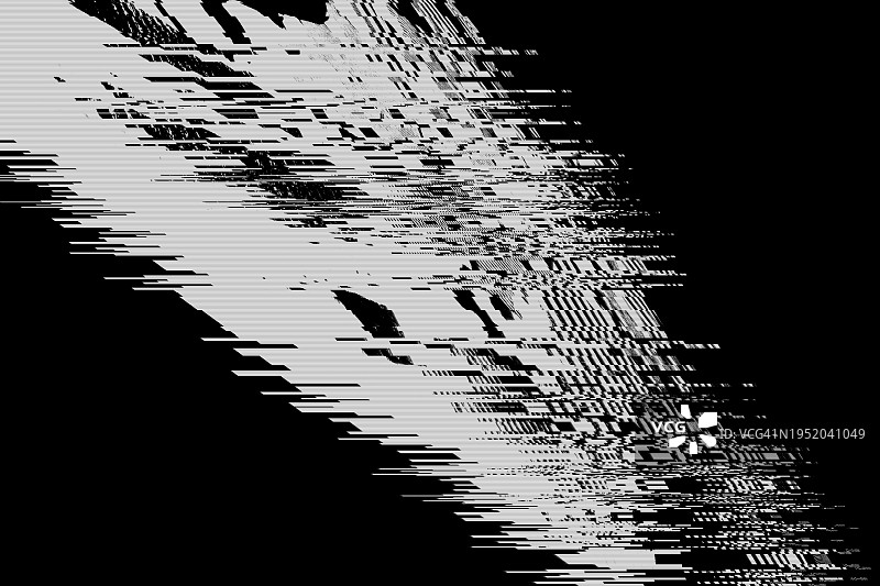 黑白故障效果背景，抽象Grunge噪声边框叠加效果，视频损坏错误，数字信号失真可视化，随机白线和形状，电视技术问题图片素材