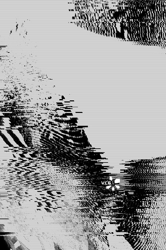 黑白故障效果背景，抽象Grunge噪声边框叠加效果，视频损坏错误，数字信号失真可视化，随机白线和形状，电视技术问题图片素材