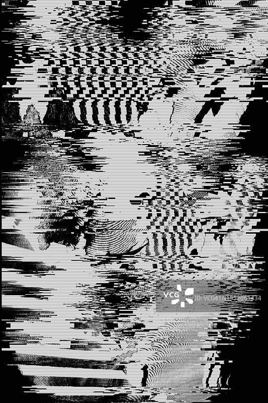黑白故障效果背景，抽象Grunge噪声边框叠加效果，视频损坏错误，数字信号失真可视化，随机白线和形状，电视技术问题图片素材