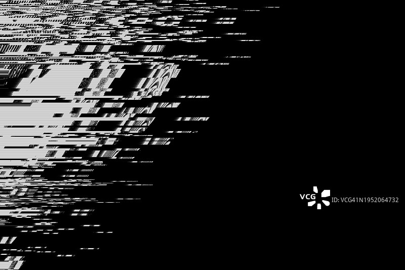黑白故障效果背景，抽象Grunge噪声边框叠加效果，视频损坏错误，数字信号失真可视化，随机白线和形状，电视技术问题图片素材