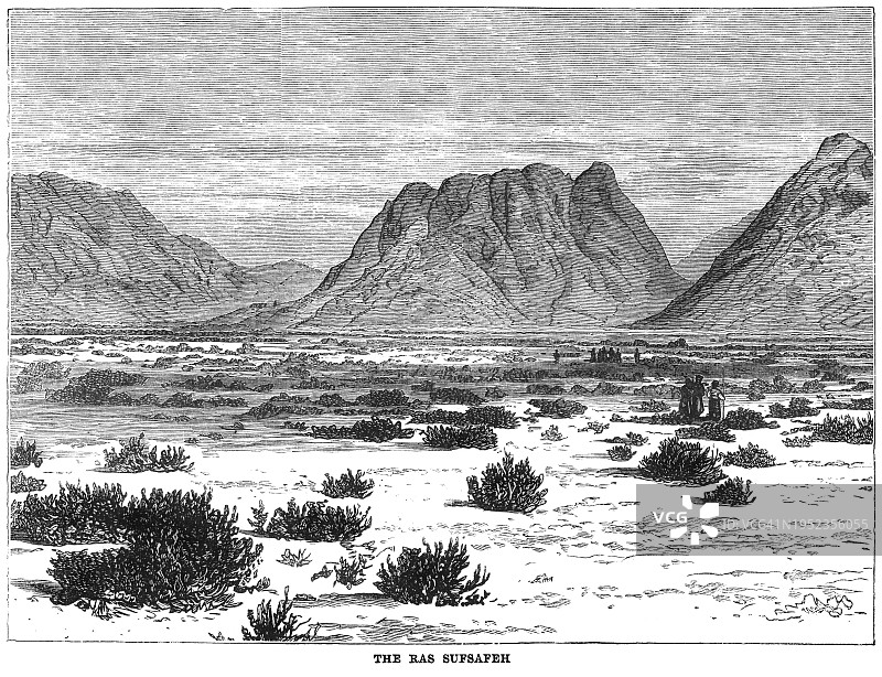 西奈山（Jabal Musa或Zabel Musa）和柳峰老式雕刻插图图片素材