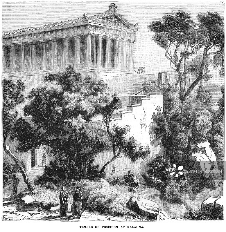 希腊苏尼翁角波塞冬神庙的古老雕刻插图，献给海神波塞冬图片素材