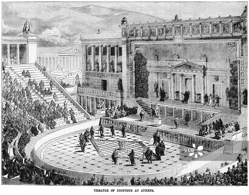 雅典狄俄尼索斯剧场古老雕刻插图，再现古代风貌图片素材