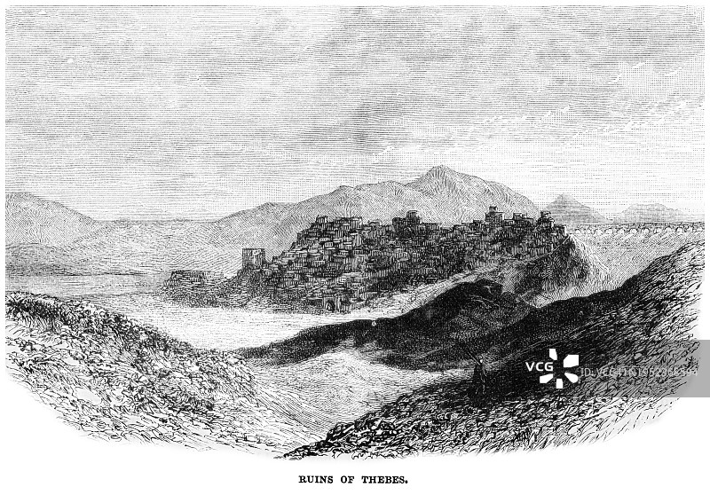 希腊底比斯遗址老式雕刻插图图片素材