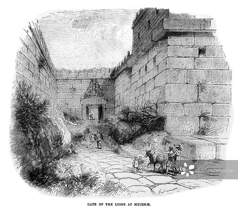 狮子门古老版画：希腊南部迈锡尼青铜时代城堡的主要入口图片素材