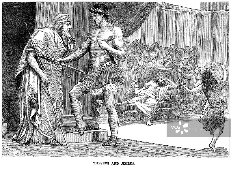 忒修斯和埃勾斯古老雕刻插图图片素材
