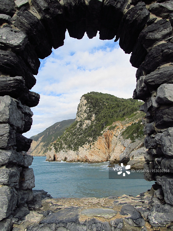 透过洞穴看海景图片素材