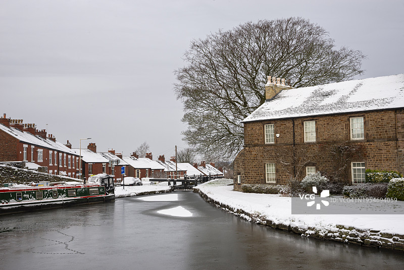 英格兰斯托克波特峰区森林运河雪景冬日早晨图片素材