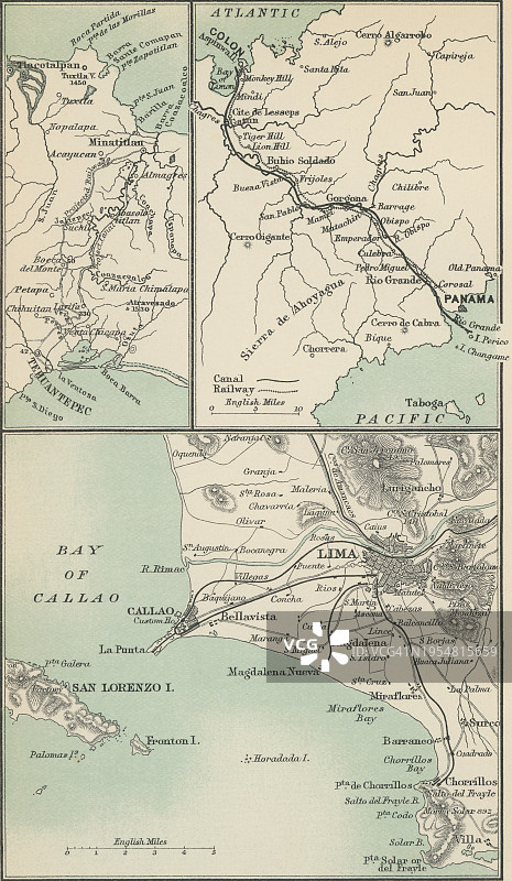 巴拿马、利马和特万特佩克地峡的老彩色石印地图图片素材