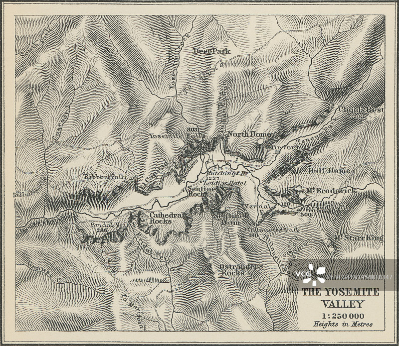 优胜美地国家公园历史地图，位于美国加利福尼亚州内华达山脉图片素材