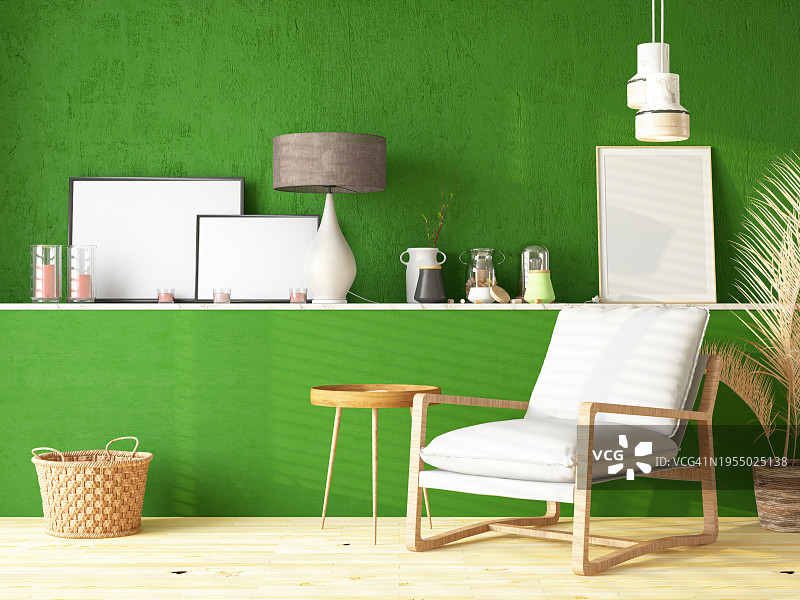 摆满配件和木制扶手椅的舒适绿房间图片素材