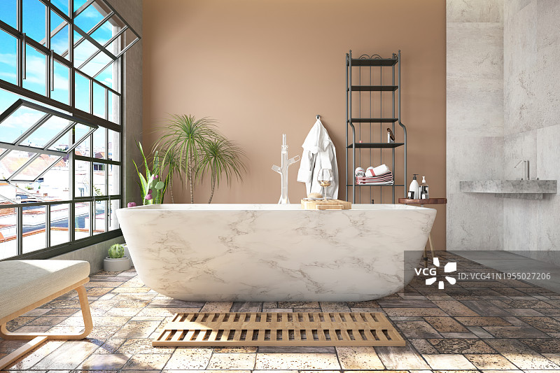 舒适的粉彩色浴室与大理石浴缸图片素材