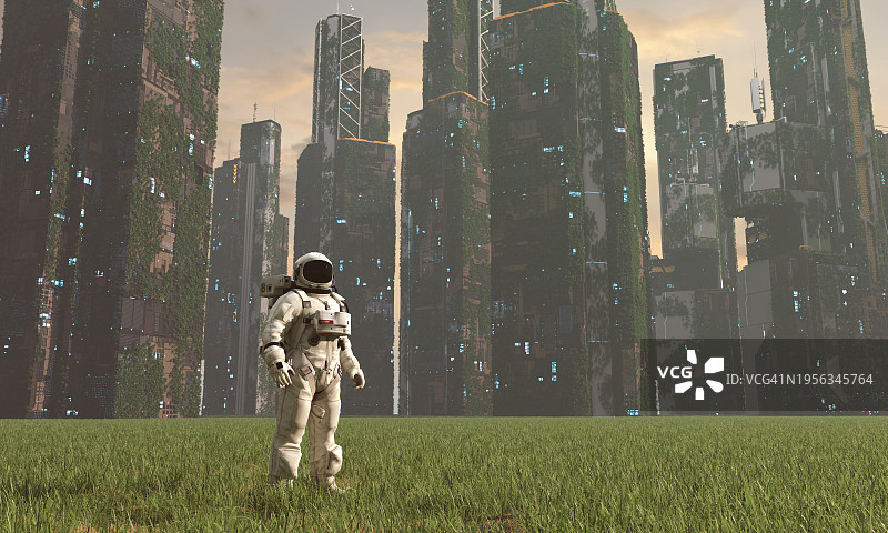 废弃古代文明城市的宇航员图片素材