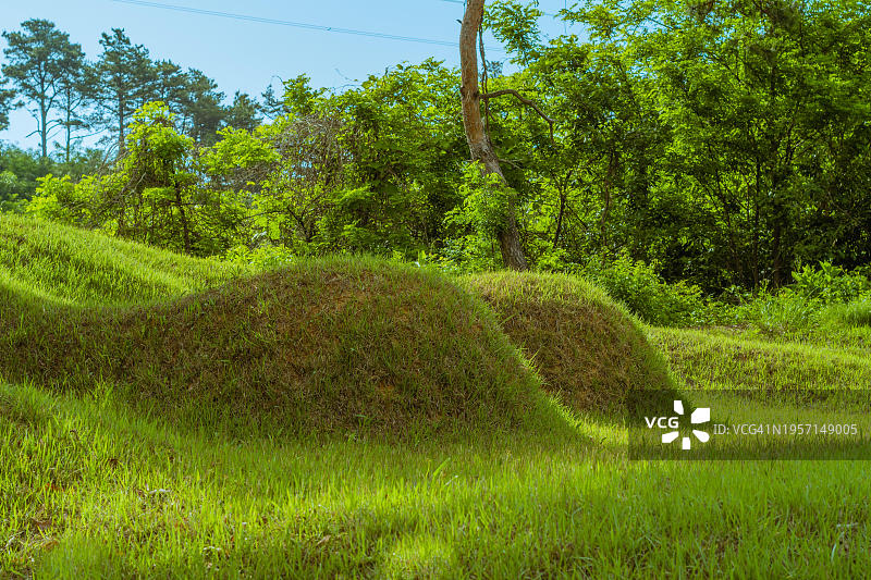 韩国乡村，阳光明媚的早晨，绿色草地山丘上的两座无标记坟堆图片素材