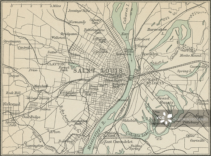 美国密苏里州独立城市圣路易斯的古老版画地图图片素材
