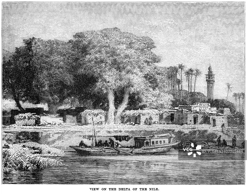 埃及尼罗河三角洲风光古老雕刻插图图片素材
