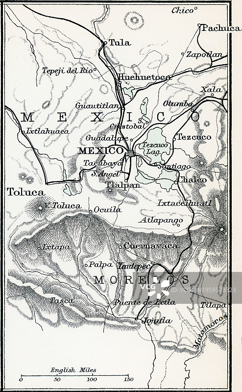 墨西哥城古旧彩色石印地图：墨西哥首都及北美洲人口最多的城市图片素材