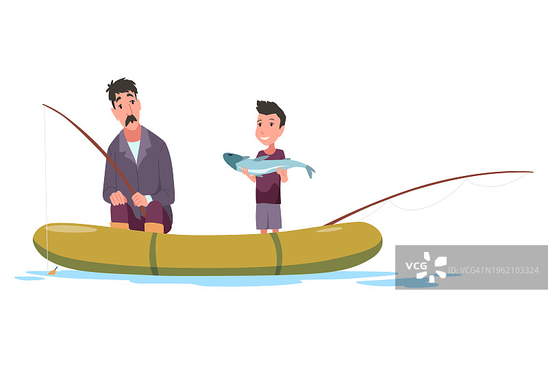 儿童钓鱼图标：快乐的男孩拿着鱼竿上的鱼，渔夫卡通形象，全家享受钓鱼，卡通小男孩钓鱼，扁平矢量插画图片素材