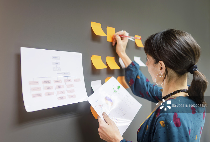 站在办公室里看着墙上纸张的女人图片素材