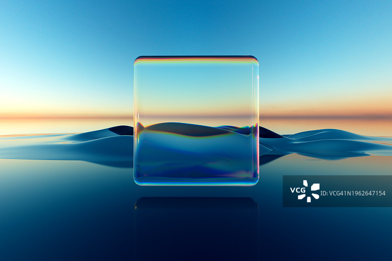 3D CGI单体玻璃立方体日落景观图片素材