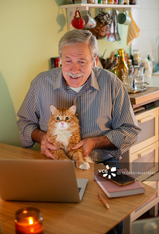 坐在厨房桌旁使用笔记本电脑的年长男人和他的猫图片素材