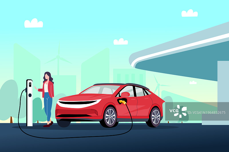 电动汽车充电概念插画：女性在可再生能源城市加油站为电动汽车充电图片素材