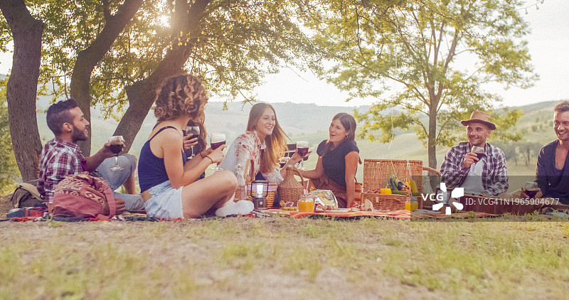 朋友乡村野餐日落举杯图片素材