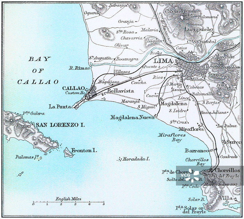 秘鲁首都利马老式彩色石印地图图片素材