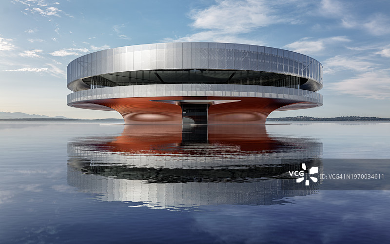 池塘边的现代金属板建筑图片素材