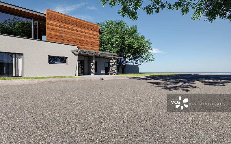 通往海边现代住宅的沥青路图片素材