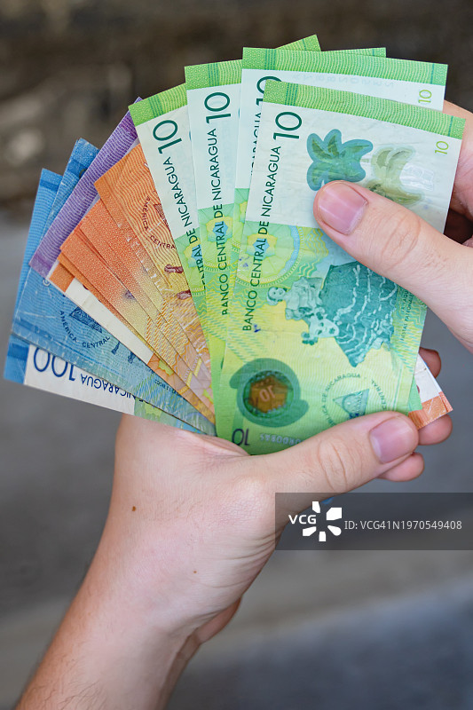 手持尼加拉瓜科多巴纸币图片素材
