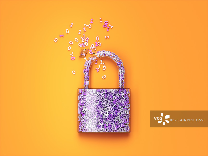 从破损的挂锁形状中出现的二进制数字图片素材