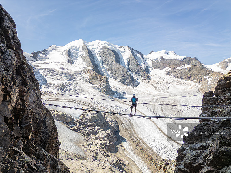 在阿尔卑斯山上徒步旅行，穿过冰川之上的悬索桥的女人图片素材