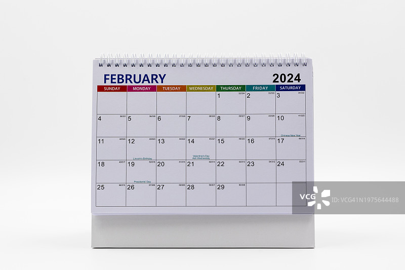 2024年2月白色背景日历 周日开始图片素材