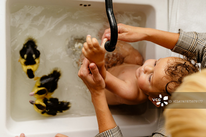 男婴在厨房水槽里和鸭子玩耍，妈妈给他洗澡图片素材