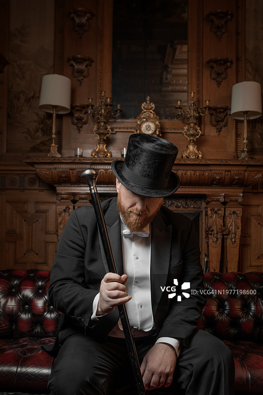 身穿豪华住宅的英俊优雅的1920年代风格绅士图片素材