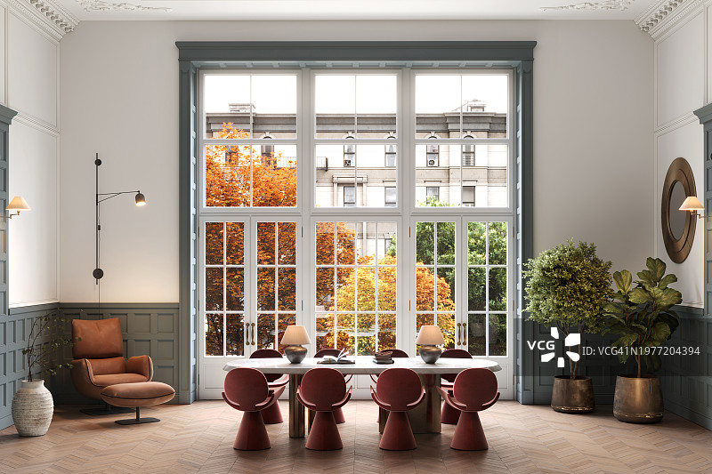 带法式门的用餐区3D渲染图片素材