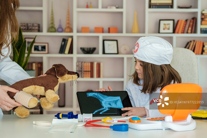 年轻女兽医和她的母亲在诊断填充狗的问题图片素材